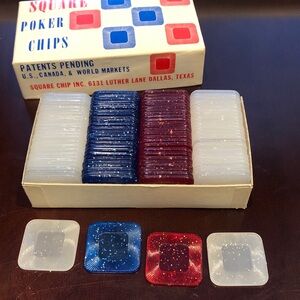 Square Poker Chips Set of 100 Vintage Rare Red White & Blue Glitter